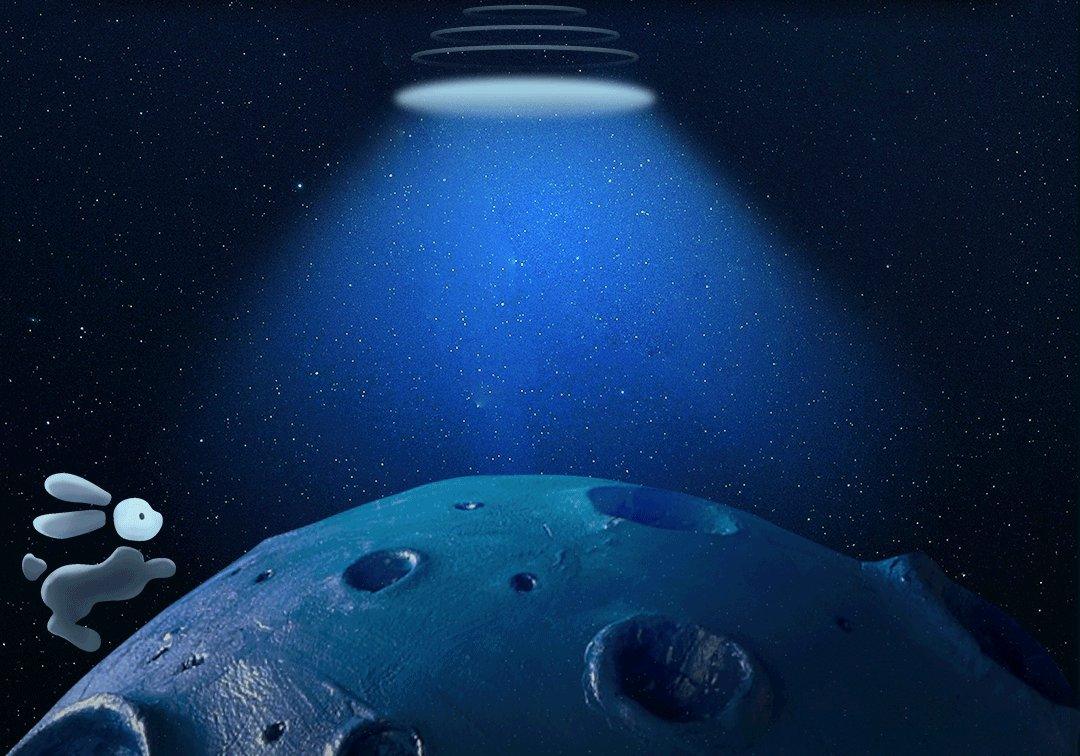 Cartoon rabbit on moon under UFO spotlight in starry space scene