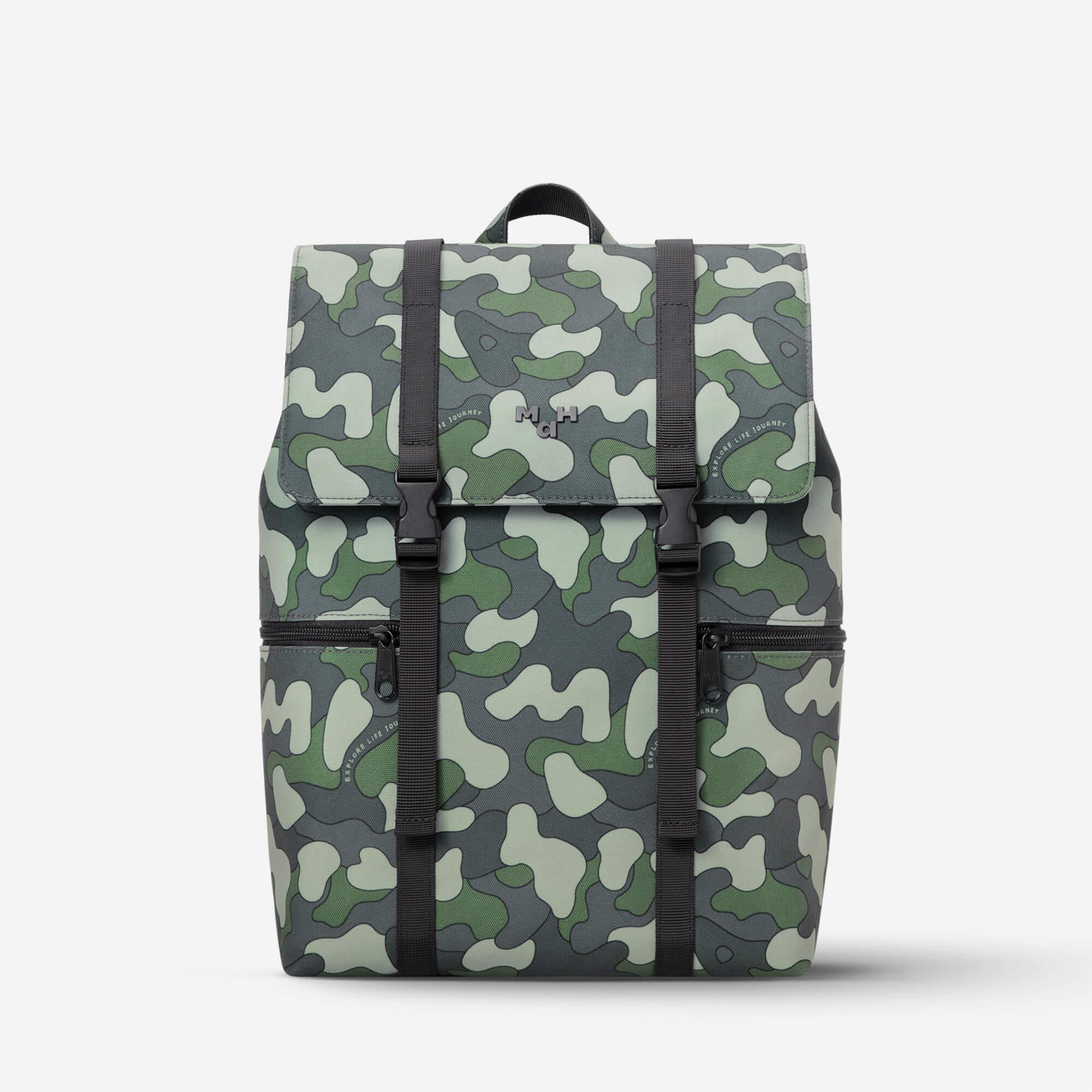 Camouflage backpack with green, gray, and white pattern, black straps, and front zip pockets