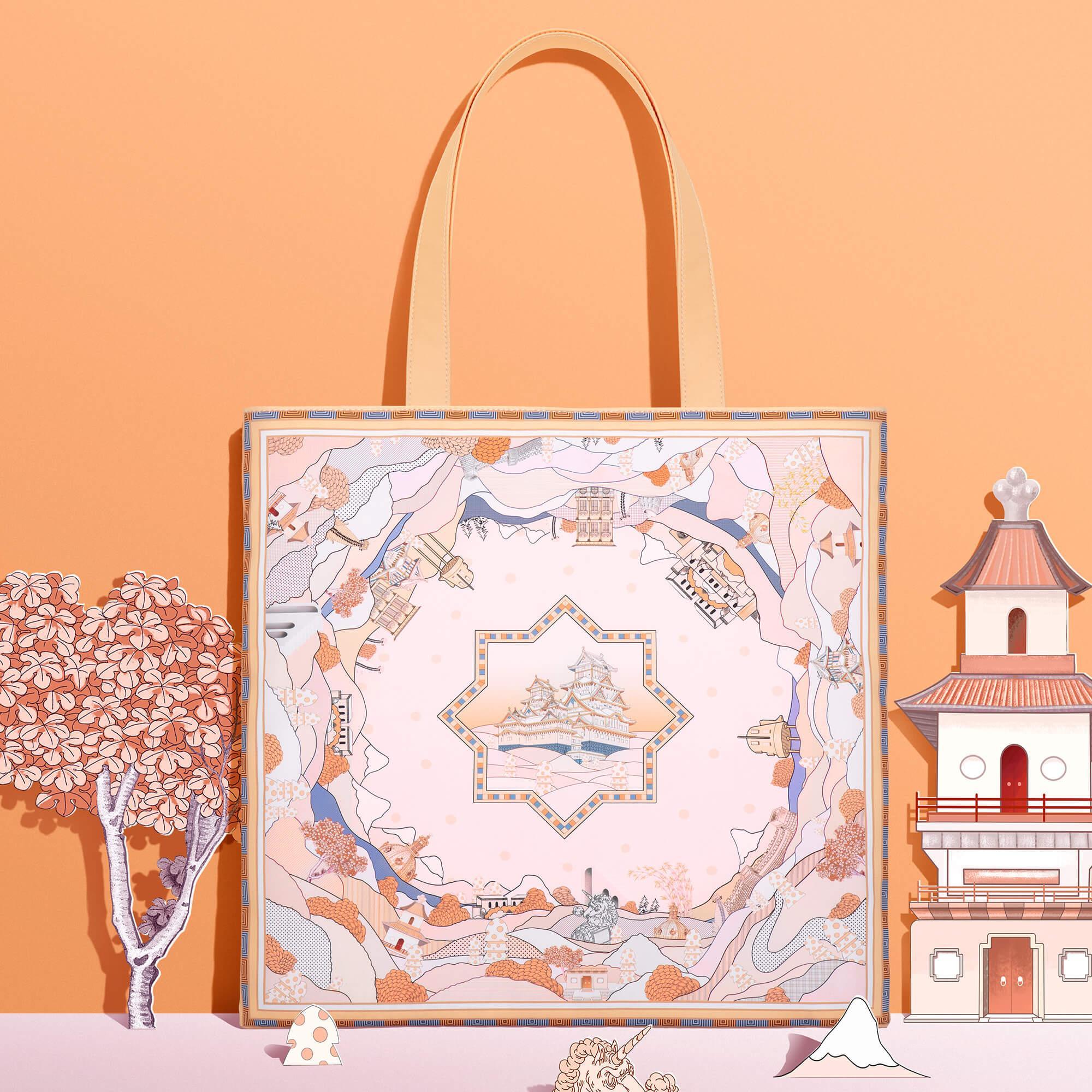 Stylish tote bag with Japanese castle & landscape print, perfect for everyday carry or travel