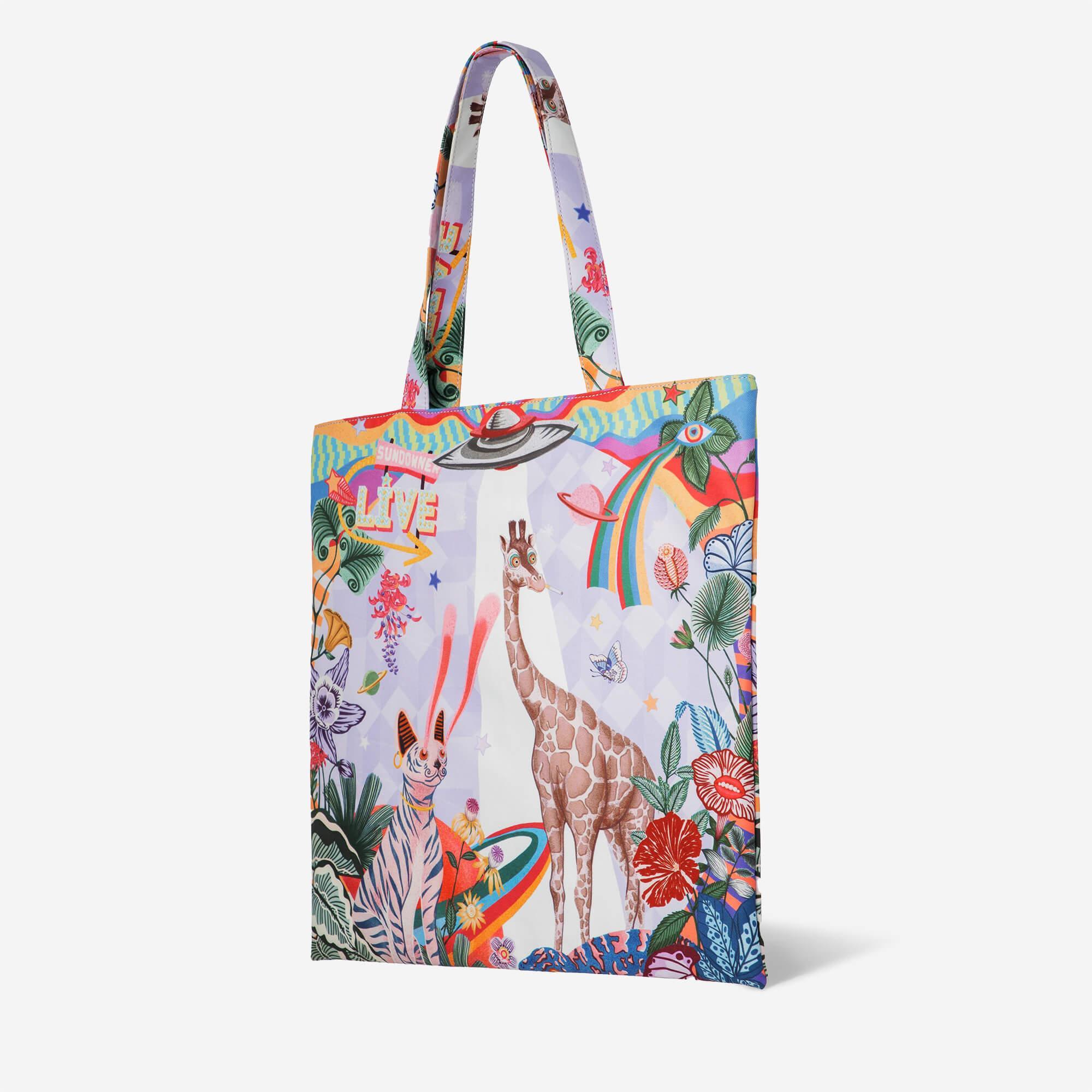 Colorful tote bag with giraffe, cat, rainbow, and floral print design for everyday use