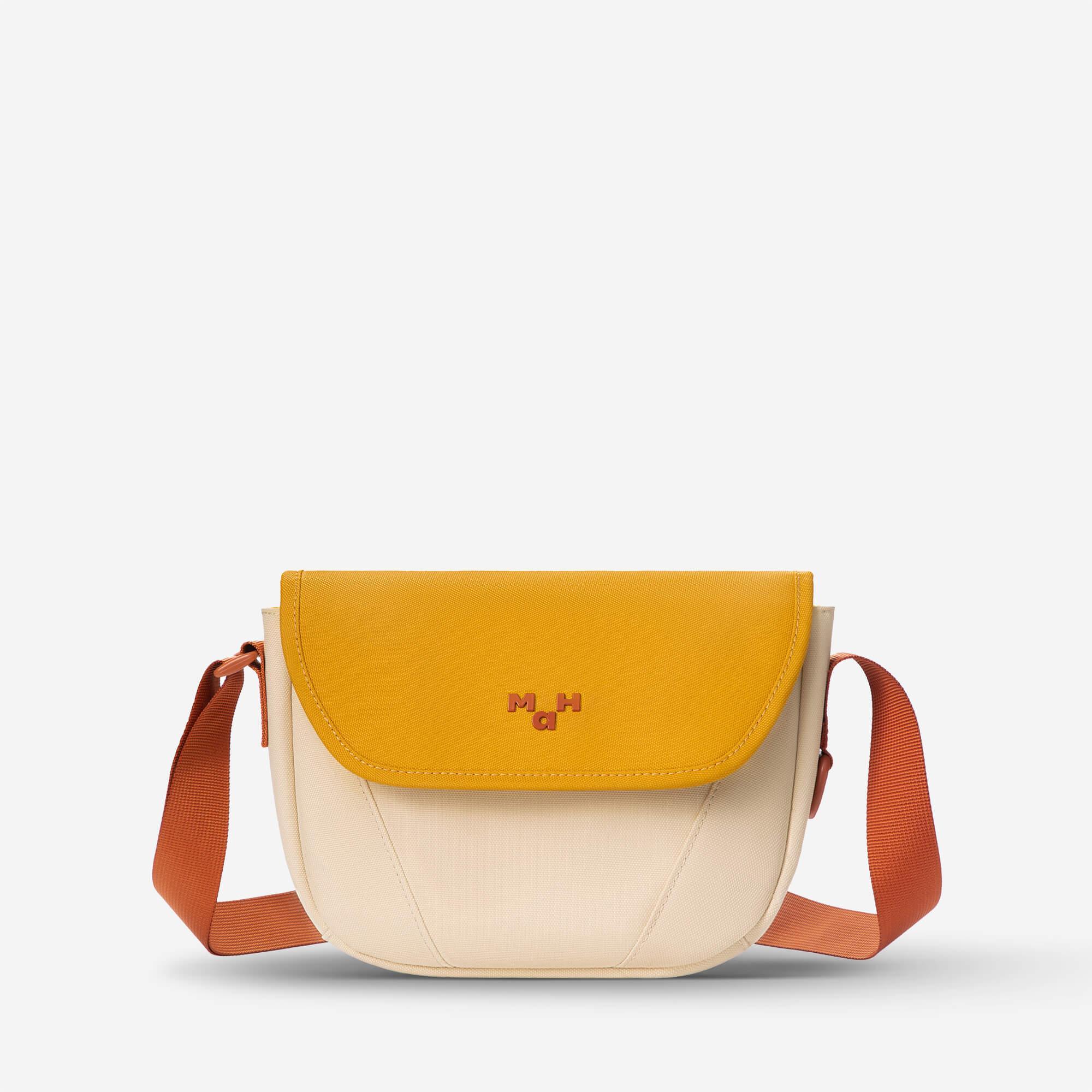 Yellow and cream crossbody bag with orange strap and MaH logo, stylish everyday accessory