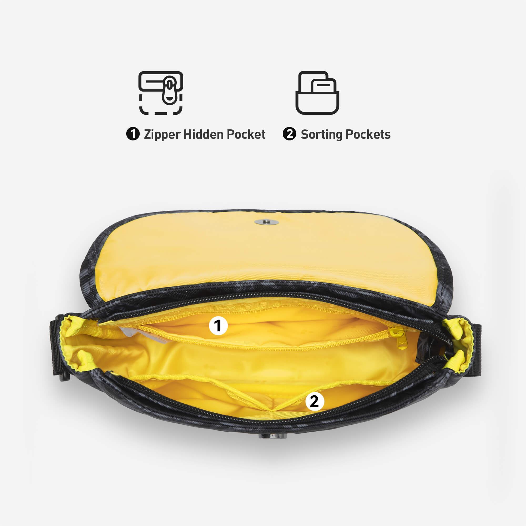 Yellow interior bag with zipper hidden pocket and sorting compartments for organized storage