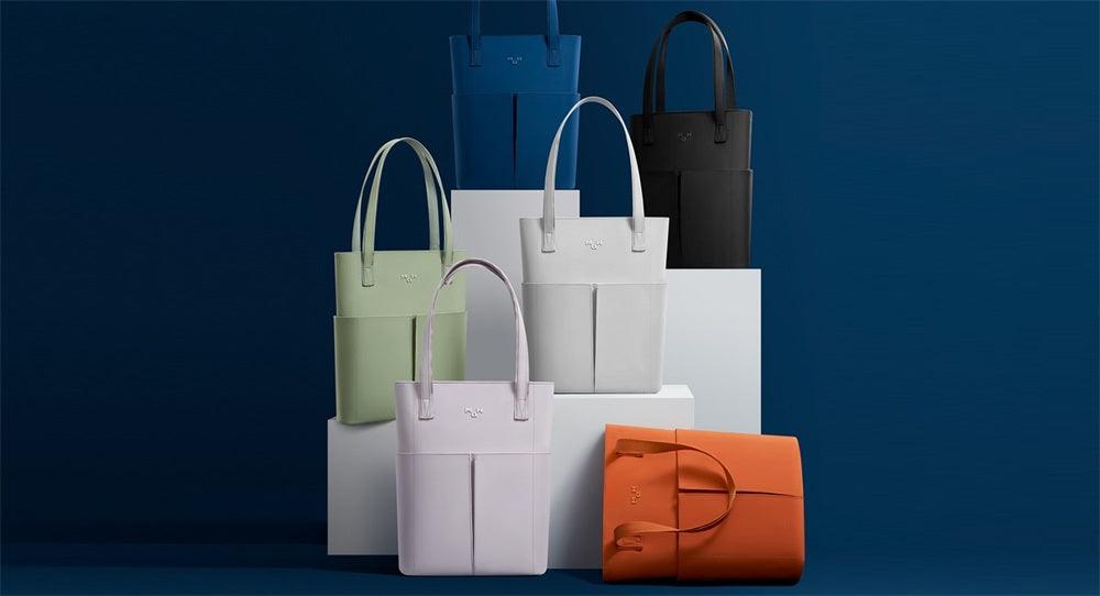 Modern minimalist tote bags in pastel and bold colors, stylish everyday carry for women
