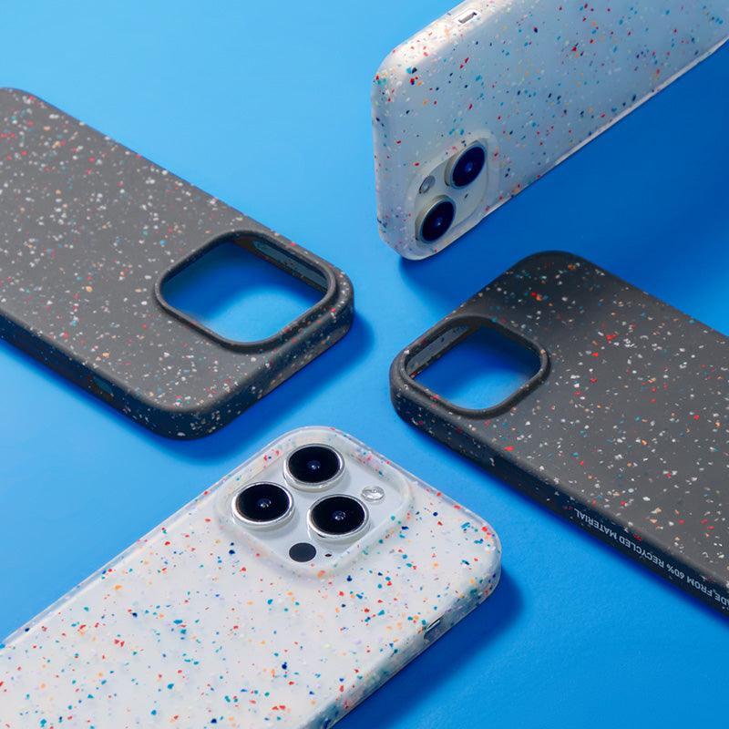 Speckled phone cases in gray and white with colorful dots, eco-friendly design for iPhone