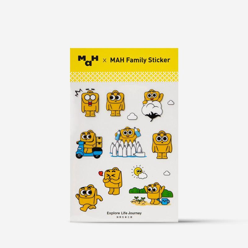 MAH Family Sticker set with cute yellow characters in playful scenes, perfect for backpacks and accessories.