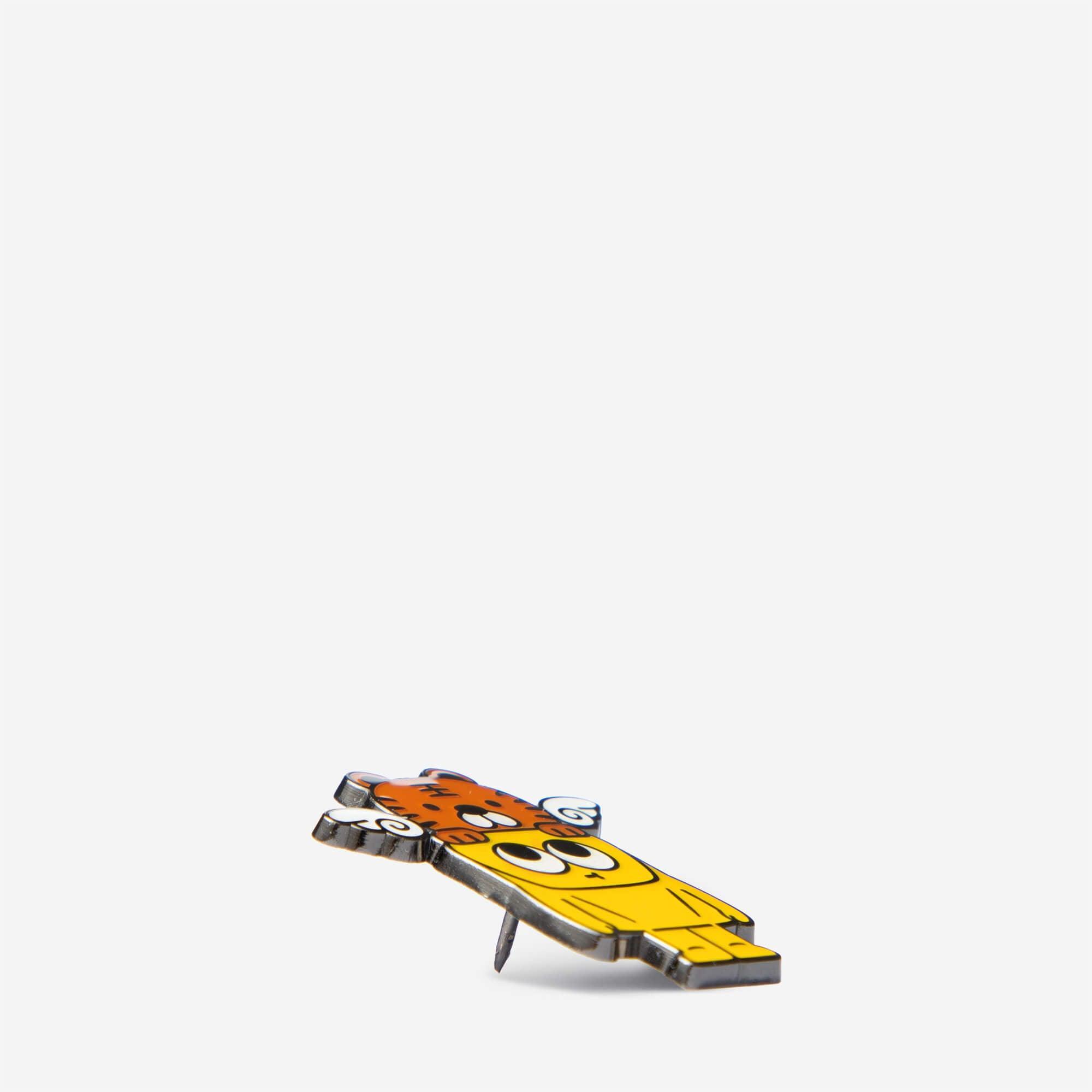 Cute cartoon tiger enamel pin with yellow body and orange stripes, fun accessory for bags or jackets