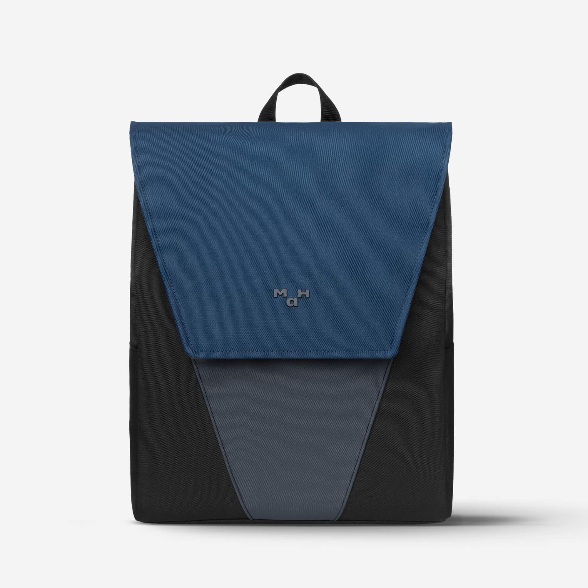 Blue and black modern backpack with flap closure and minimalist logo, ideal for daily use or travel.