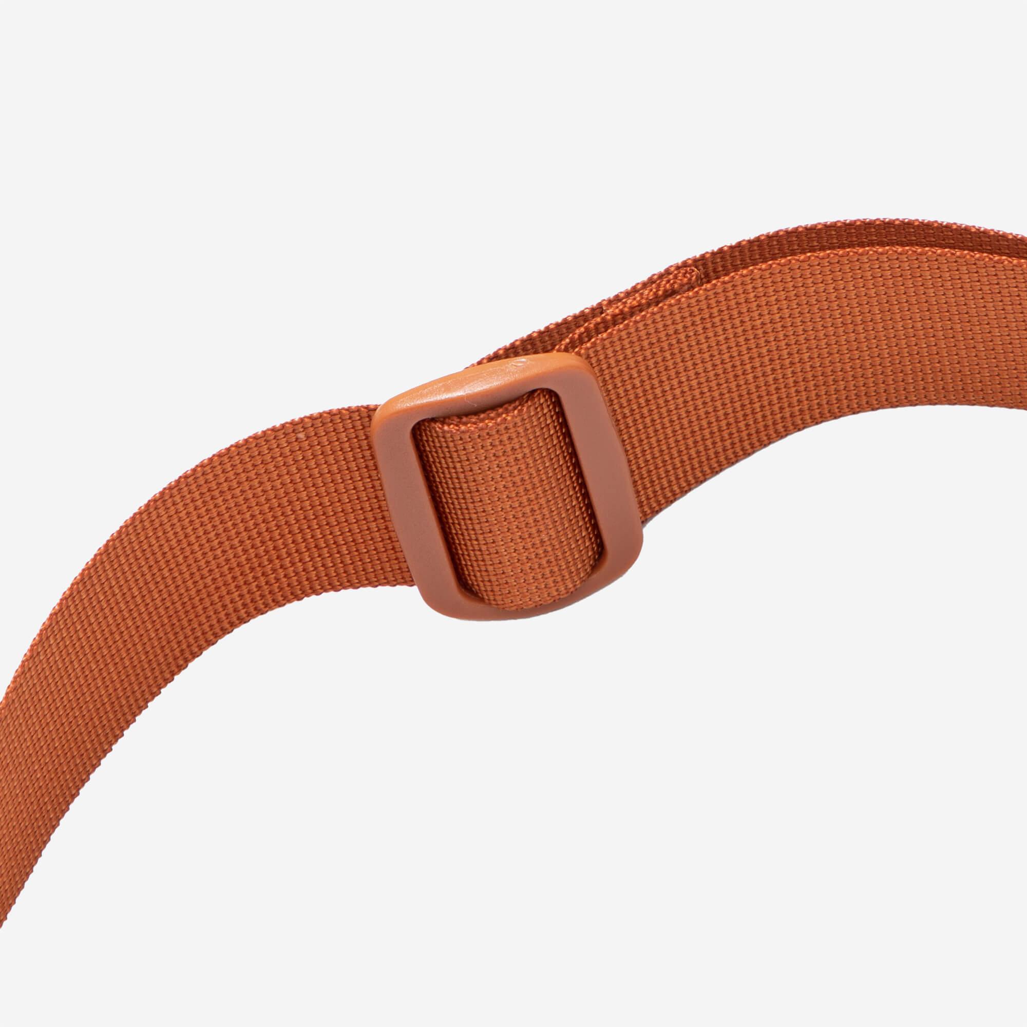 Rust-colored woven strap with square buckle, ideal for bags and accessories