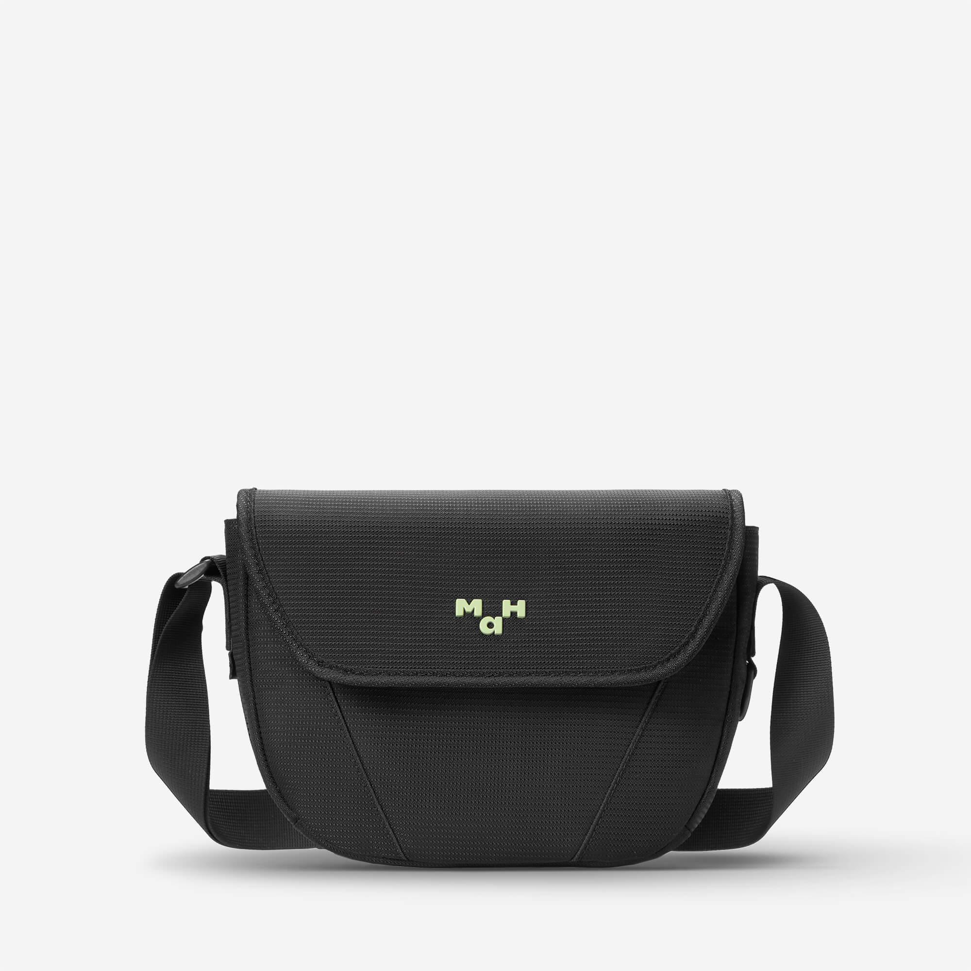 Black crossbody bag with lime green logo, sleek design for everyday use