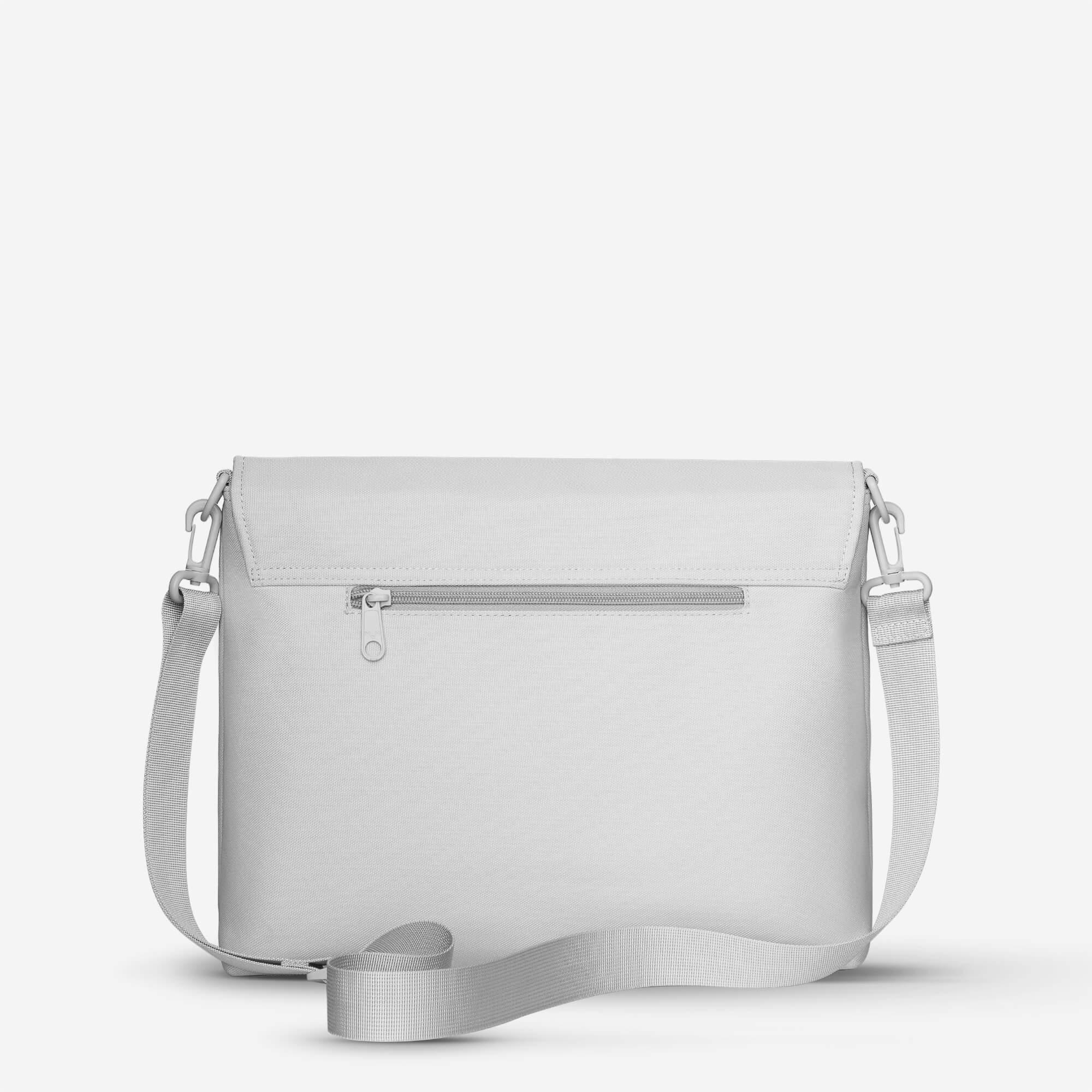 Light gray minimalist crossbody bag with adjustable strap and front zipper pocket