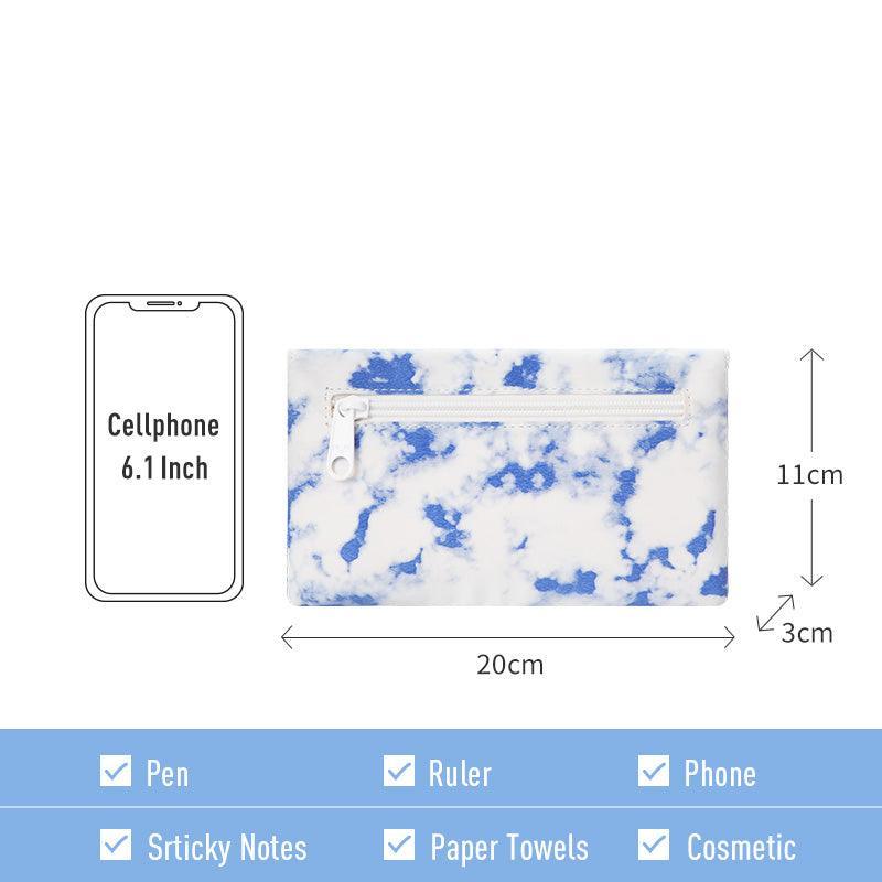 Blue and white marbled pouch, 20x11cm, fits phone, pen, cosmetics, ruler, sticky notes, paper towels