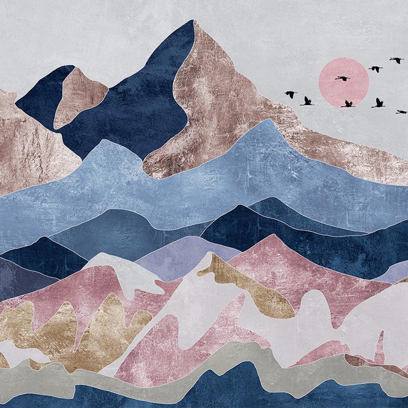Abstract mountain landscape wall art with layered peaks, pink sun, and flying birds in modern design